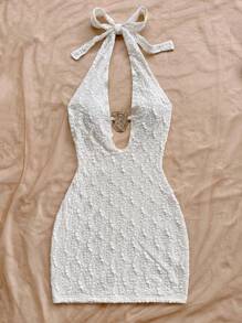 Soleia New Texture Halter Backless Tie Design Mini Dress With Metallic Decor, Blue - Apricot - View 4