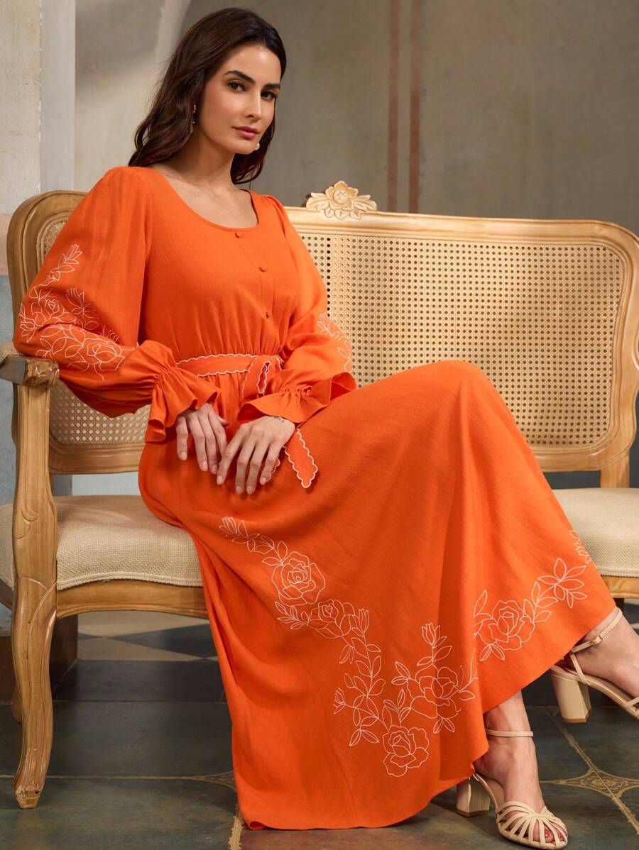 ZEYLAH U-Neck Embroidery Floral Resort Style Dress, Spring/Summer, Long Sleeve