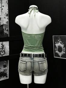 EgrlEra Sexy Vacation Style Green Halter Jacquard Women Blouse St Patrick's Day - Green - View 2