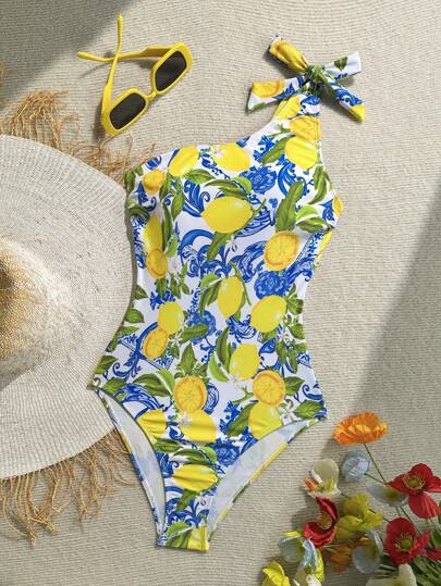 Soleia 1pc Women's Asymmetrical-Shoulder Lemon Graphic Casual One-Piece Swimsuit, Summer