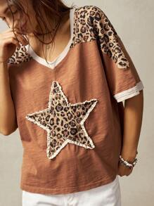 Bohemela Plus Size Women Leopard Print Patchwork Contrast Trim V-Neck Loose T-Shirt, Casual Street Fashion, Summer,Vintage,Vintage