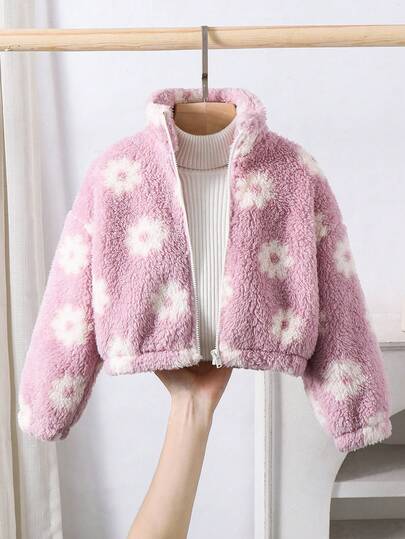 SHEIN Chaqueta de felpa con cuello alto, manga larga y cremallera con estampado de flores coloridas, cárdigan de forro polar, cálido y cómodo, excelente para uso casual y diario, y para la escuela en otoño e invierno, para Navidad, color rosa, para niña