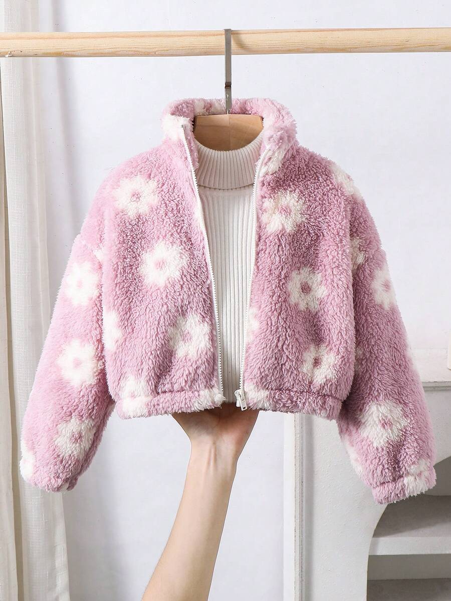 SHEIN Young Girl Young Girl Young Girl Colorful Flower Pattern Stand Collar Long Sleeve Zip Up Mock Neck Thermal Teddy Jacket , Fleece Cardigan ,Warm & Comfortable ,Great For Casual & Daily Wear & School Daily In Autumn & Winter,For Christmas ,Pink Fall - Purple - View 1