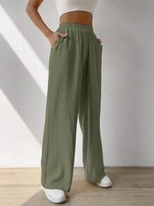 SHEIN EZwear 大码休闲简约橄榄绿裤子 - 橄欖綠 - 查看 1