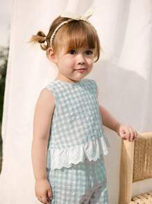 Cozy Pixies 2pcs Baby Girl Sets: Contrast Trim Crew Neck Sleeveless Cardigan Top And Elastic Waist Pants