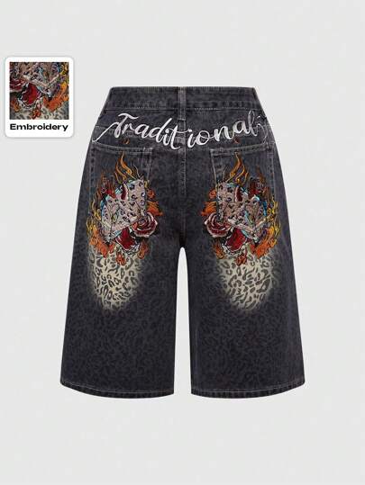 J-Fashion Vintage Rare Leopard Gradient Pocket & Embroidered Leopard Denim Pants