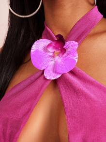 SHEIN SXY Top femme avec dos nu, en tissu tricoté rose rouge pailleté, au design col boule et liens noués dans le dos, pour vacances, printemps/été - Rose vif - Voir 7