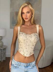 SHEIN BAE 女士优雅刺绣背心，适合约会之夜、单身派对、生日派对、鸡尾酒会、俱乐部、节日派对。杏色甜美性感上衣，日常外出穿着，可爱紧身胸衣款式，夏季