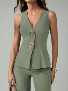 SHEIN Tall 2件套女士无袖开衫背心和休闲裤套装 - 薄荷綠 - 查看 4