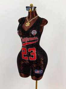 Amplova 泽西风格蕾丝拼接深 V 紧身迷你连衣裙 - 黑色 - 查看 3