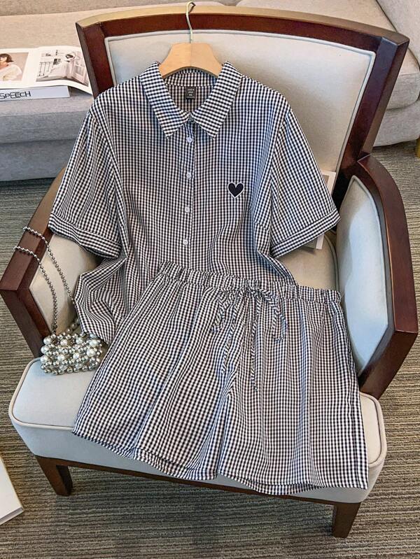 SHEIN LUNE Casual Loose Striped Short Sleeve Shirt & Shorts 2 Pieces Set, Plus Size