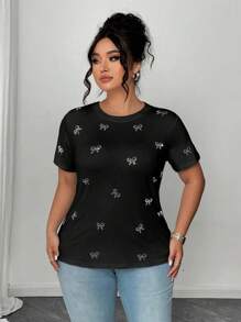 Elenzga Women Plus Size Short Sleeve Rhinestone Bowknot Pattern T-Shirt - Black - View 3