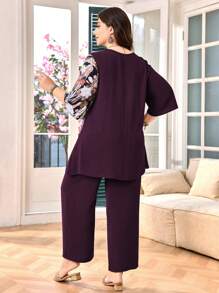 Lacomfia Bộ 2 món/Bộ đồ nữ cỡ lớn cổ tròn in hoa tay 3/4 và quần dài, trang phục đi nghỉ thường ngày - Màu tím - Xem 2