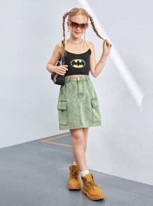 Tween Girls Fashion Washed Denim Casual Versatile Comfortable Daily Elastic Waist Teens Denim Cargo Mini Skirt - Army Green - View 3