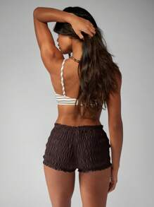 MISSGUIDED 褶皱热裤夏季沙滩休闲短裤节日派对度假休闲宽松荷叶边裤适合节日穿着 - 棕色 - 查看 2