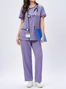 Scrubzie 两件套抗皱不对称领长上衣和长裤护士服 - 紫色 - 查看 5