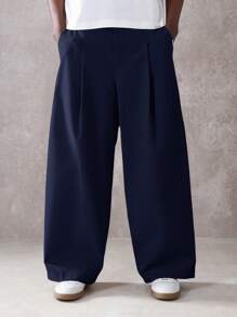 SUMWON 阔腿筒形剪裁西装裤正式商务专业直筒剪裁褶皱经典长裤 - 藏蓝色 - 查看 3