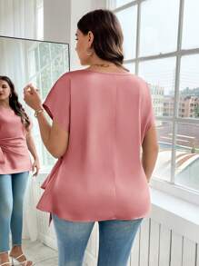 Reflora Femmes grande taille Couleur unie Encolure ras-du-cou Manches courtes chauve-souris Nœud devant Top de sortie pour femmes, Décontracté professionnel Femme Saint-Valentin - Vieux Rose - Voir 4