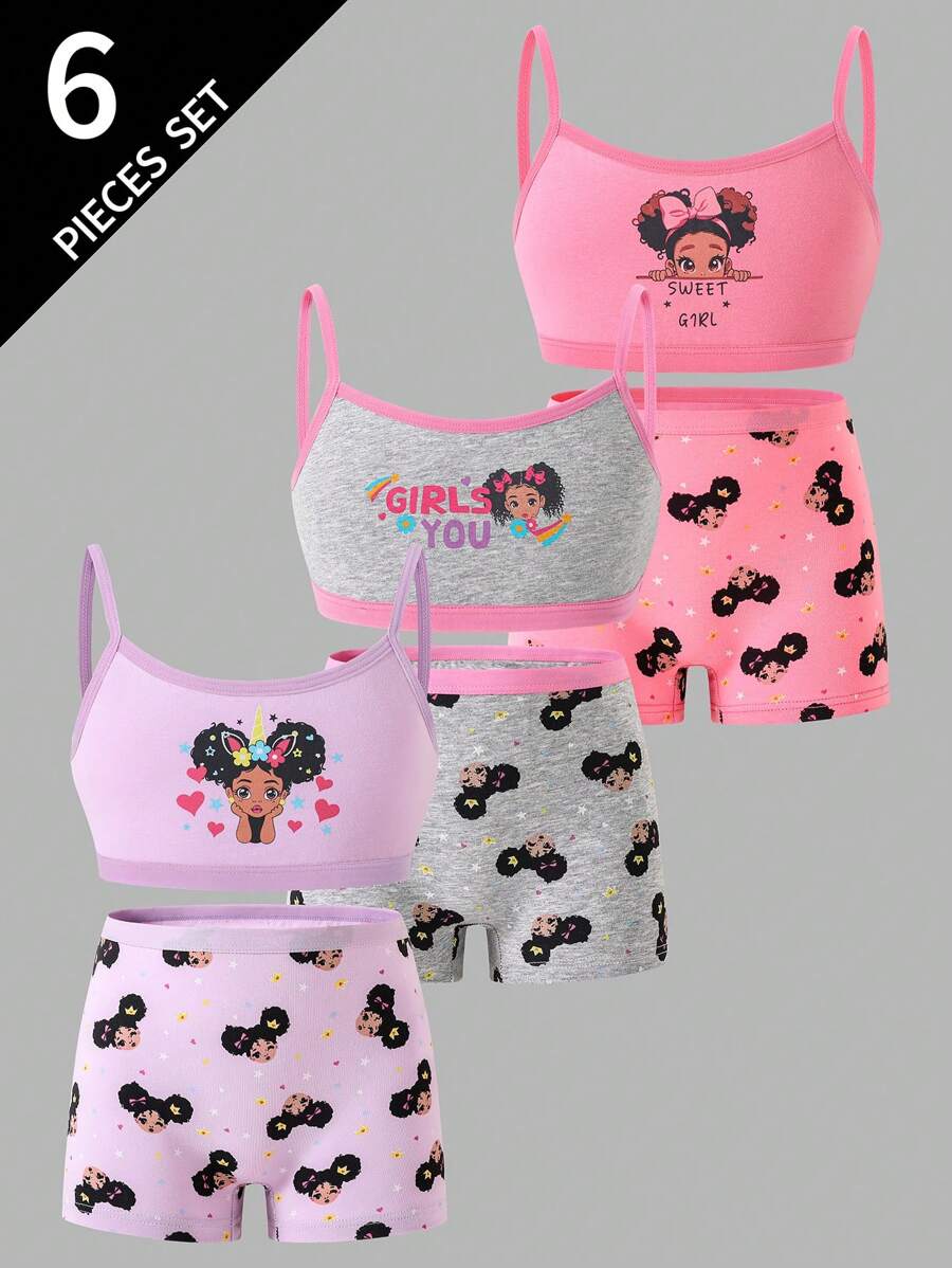 SHEIN 6件組女童休閒圖案印花細肩帶背心與內褲套裝,舒適棉混紡,小女孩返校時尚秋冬款,嬰兒粉 - 彩色 - 查看 1