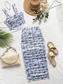 Soleia Completo da donna con top a canottiera con motivo floreale ditsy e minigonna plissettata, stile vacanziero, per spiaggia e vacanza, abbinamento primaverile/estivo, per donna, stile boho per festival musicali all'aperto
