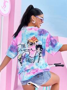 THE POWERPUFF GIRLS X SHEIN 扎染花朵、泡泡、毛茛图案圆领短袖 T 恤 - 彩色 - 查看 8