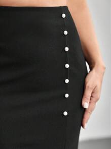 SHEIN Privé Plus Size Women Romantic Fishtail Hem Pearl Button Skirt, Elegant For Romantic Dates - Black - View 14
