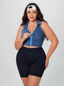 SHEIN Essnce Plus Size Women Summer Elastic Casual Denim Jacket - Blue - View 4