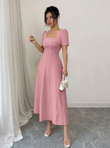 Rafferiza 优雅别致的方领腰部收腰 A 字中长连衣裙，带有纹理细节，无弹力泡泡面料，黄色，适合日常穿着和场合，春夏季 - 粉色 - 查看 5