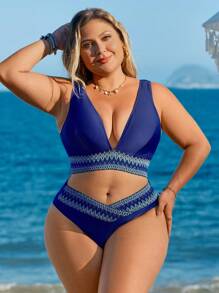 Swim Lushoire Plus Size Women's Summer Solid Fabric Deep V-Neck Patchwork Top With Tape Accent Decor Vacation 2 Pieces Swimsuit - Multicolor - View 4