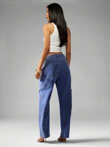 MISSGUIDED 高腰阔腿牛仔桶形牛仔裤破洞毛边休闲街头风秋冬 - 藍色 - 查看 2