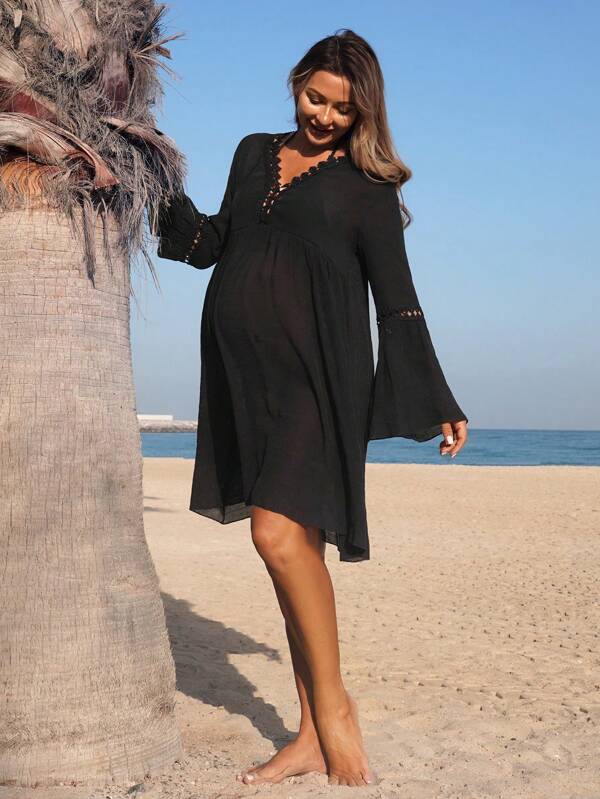 SHEIN Maternity Solid Color Contrast Lace Bell Sleeve Cover Up Dress