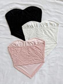 Soleia 3 件套女士节日白色、绿色和黑色提花纹理抹胸、短款吊带背心 - 彩色 - 查看 2