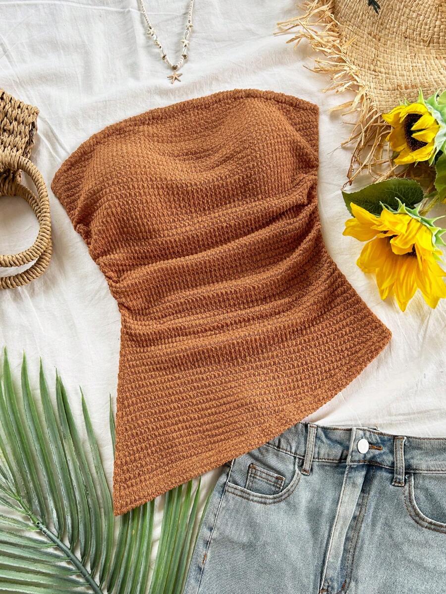 Soleia Parte superior de camisola para mujer con bajo asimétrico con volantes, abertura lateral, textura en color caqui marrón, ajustada y favorecedora, para fiesta, sexy, Día de San Valentín, cita, té de la tarde, vacaciones en la ciudad. Top tubo marrón óxido, top marrón café, blusas de verano para mujer, blusas de punto, de vuelta al colegio, graduación, top cruzado