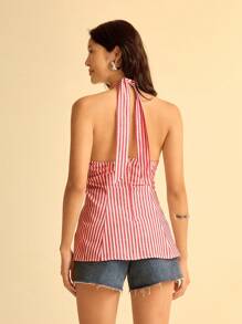 CAJUNI Women's Summer Vacation Striped Print Halter Neck Tie Front Split Hem Blouse - Red and White - View 2