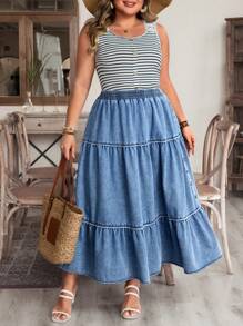 EMERY ROSE Women Plus Size Casual Side Button Ruffle Hem Denim Skirt, Suitable For Vacation - Medium Wash - View 2