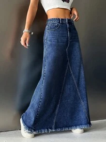 SHEIN ICON 牛仔長裙 - 深色水洗藍 - 查看 4