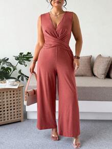 Flirla Plus Size Women Elegant Sleeveless V-Neck Criss-Cross Waist Casual Jumpsuit - Red - View 4