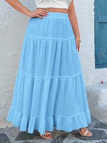 Breezaya 大码女式优雅度假荷叶边下摆纯色 A 字裙 - 藍色 - 查看 4