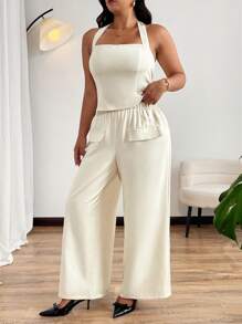Elenzga Plus Size Waist Cinching Bodycon Spaghetti Strap Sleeveless Top + Wide Leg Pants Casual Commute Elegant Outfit For Outing, Party, Vacation, 2 Pieces Set - Apricot - View 4
