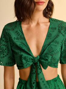 CAJUNI Women's Summer Boho Deep V-Neck Tie-Up Short Sleeve Cropped Tropical Print Lace Top - Green - View 3