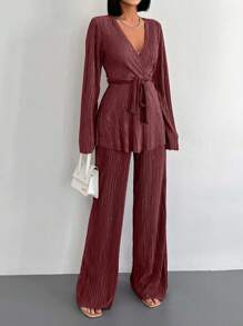EURMUSE Surplice Neck Belted Top & Wide Leg Pants - Berwarna merah muda - View 5