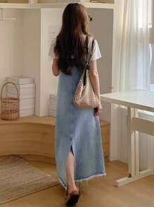 DAZY Abito salopette casual in denim da donna con tasche e design con orlo sfilacciato