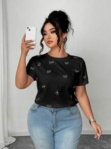 Elenzga Women Plus Size Short Sleeve Rhinestone Bowknot Pattern T-Shirt - Black - View 5