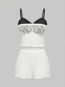 ROMWE Goth 哥特式深色提花蕾丝吊带短裤睡衣套装，透明 - 黑與白 - 查看 1