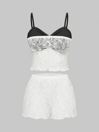 Goth Gothic Dark Jacquard Lace Camisole Shorts Pajamas Set, Sheer