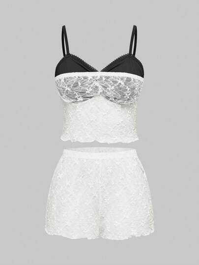 Goth Set pigiama composto da canotta in pizzo jacquard e pantaloncini, stile gotico, in tessuto trasparente