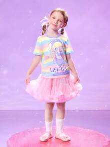 Pop Mart Azura X SHEIN Young Girl Cartoon & Striped Pattern Casual Sweet Cute Short Sleeve T-Shirt
