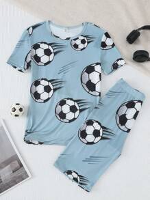 Set de 2 piezas de camiseta de manga corta con estampado gráfico de fútbol y pantalones cortos casuales ajustados para adolescentes varones
