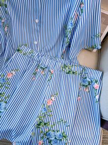 GlowEve CURVE 两件套：优雅通勤休闲可爱女士时尚条纹印花衬衫，纽扣领，七分袖，搭配松紧腰短裤，蓝白相间，大码，春夏秋三季 - 藍白色 - 查看 8