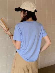 DAZY 女式都市女孩风格 V 领刺绣短袖 T 恤 - 藍色 - 查看 5